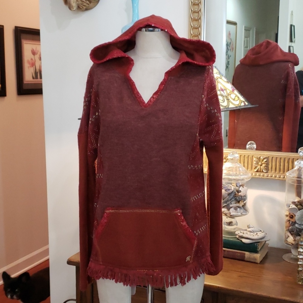 Miss Me Rust Red Hooded Fringe Sweater